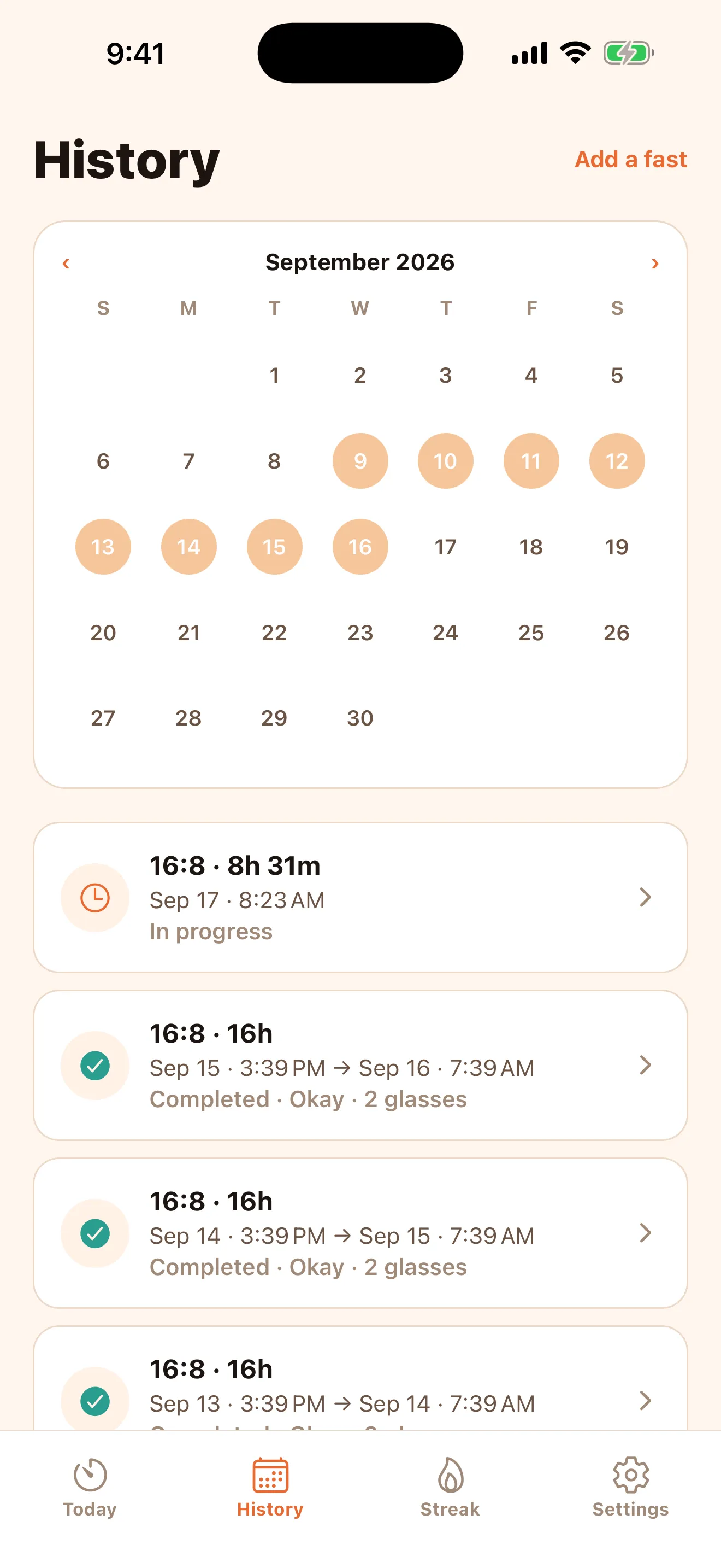 History screen: calendar of completed fasts