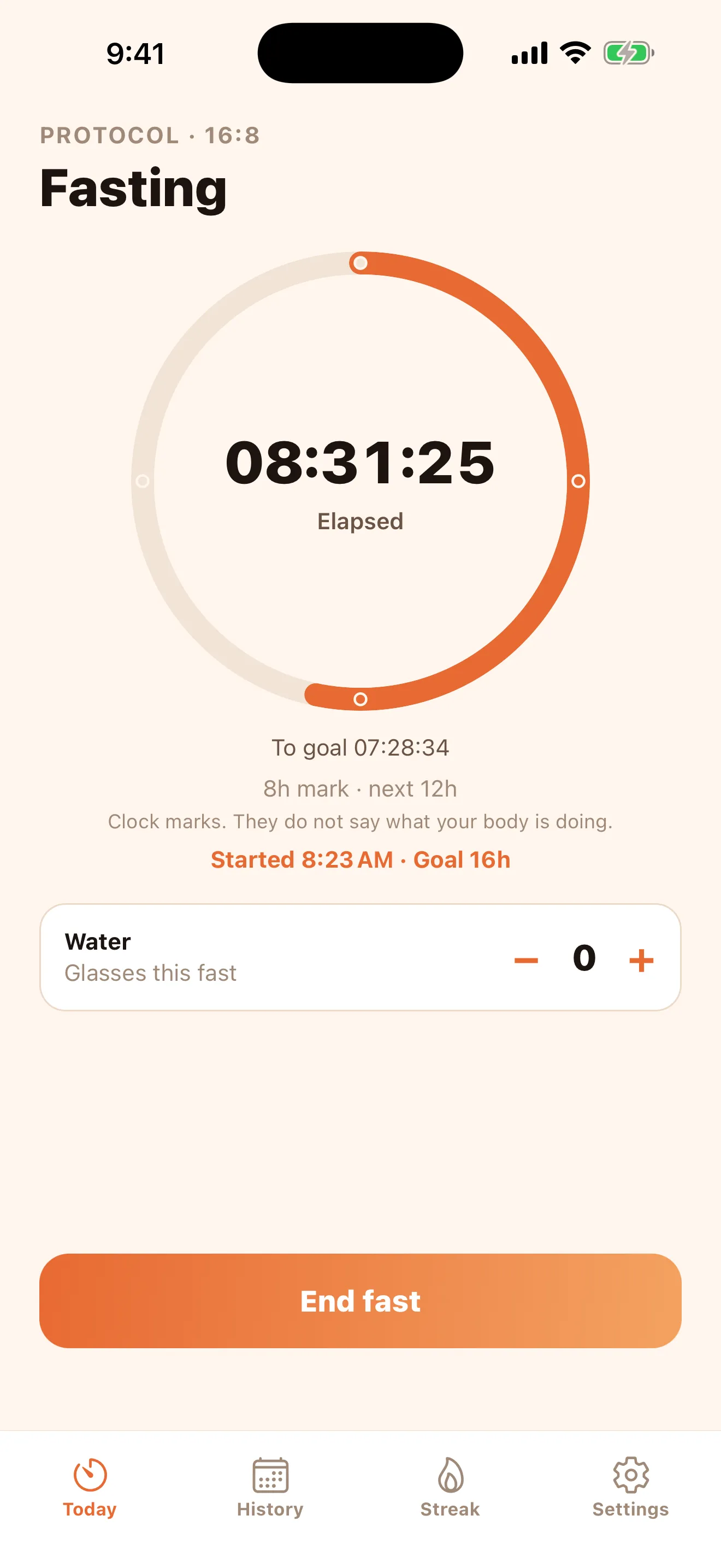 Fastii Today screen with a 16:8 fast in progress: 08:31:25 elapsed and 07:28:34 to goal