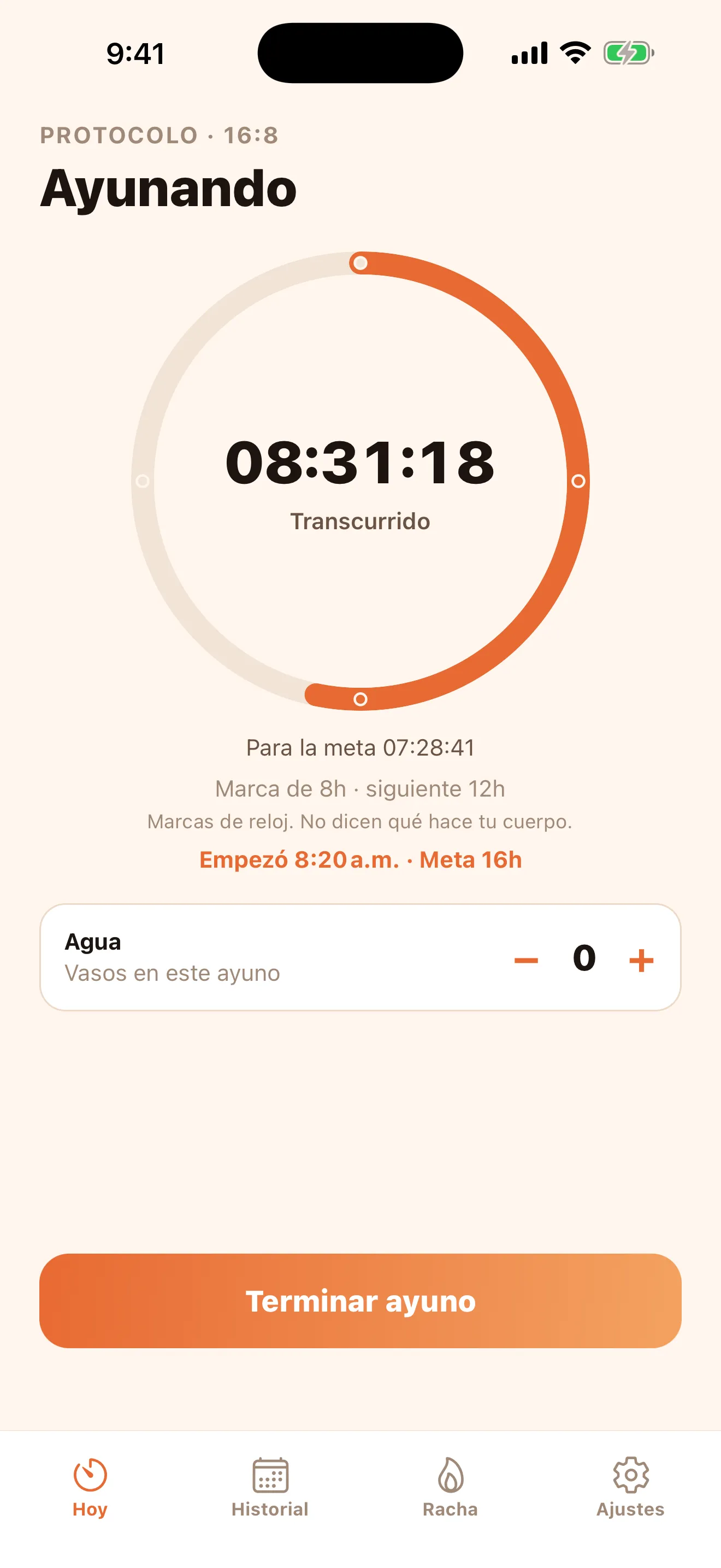Pantalla Hoy de Fastii con un ayuno 16:8 en curso: 08:31:18 transcurrido y 07:28:41 para la meta