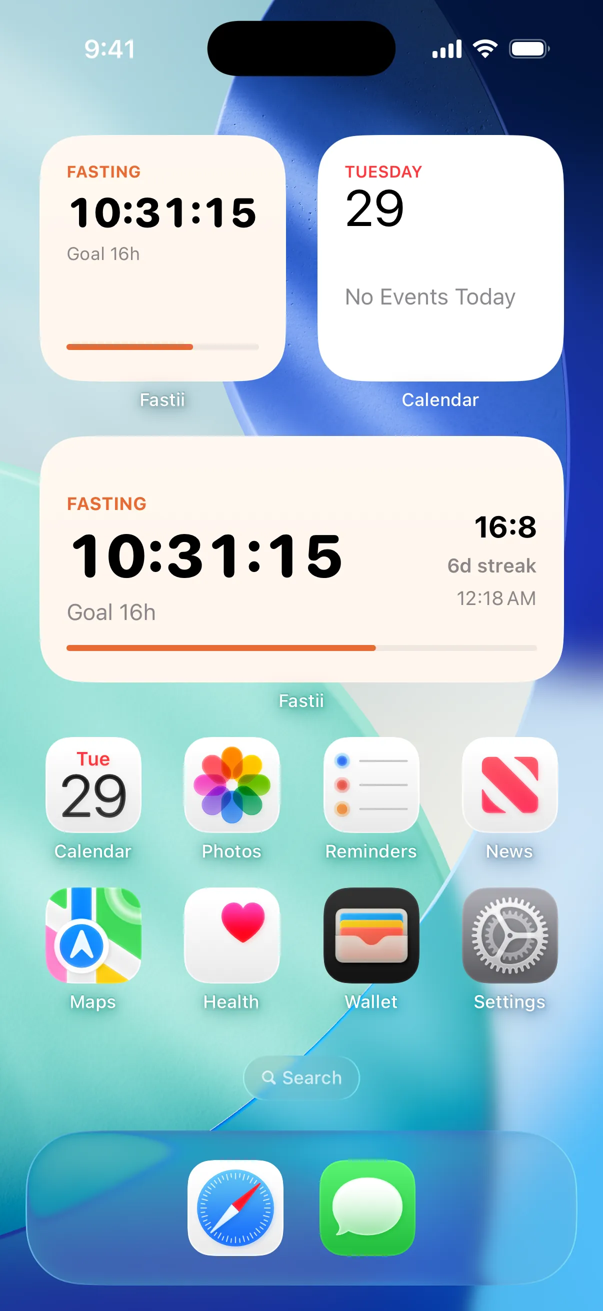 iPhone Home Screen with Fastii widgets showing 10:31:15 fasting
